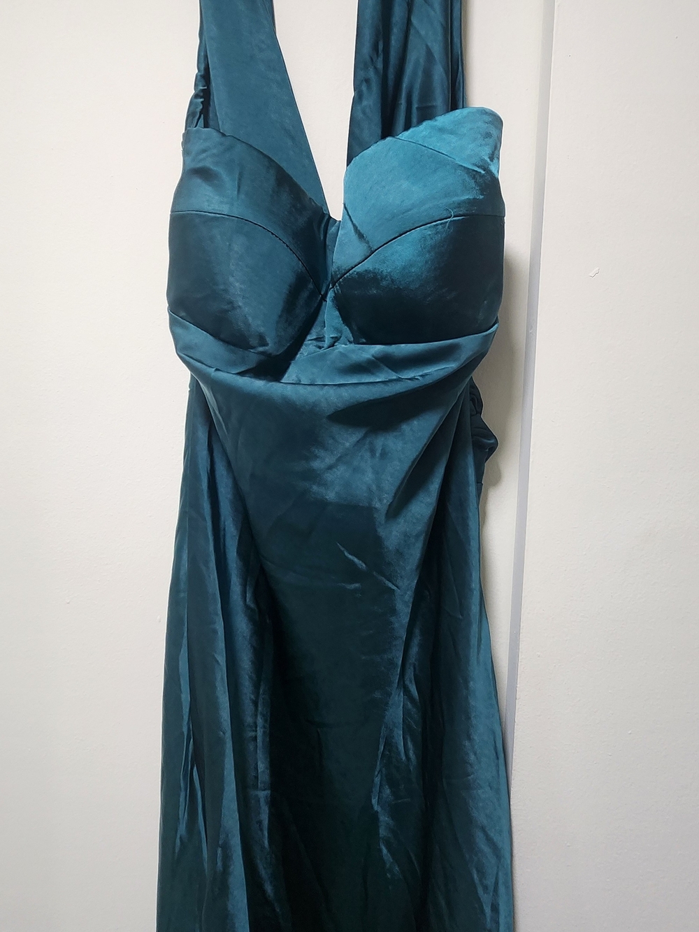 Teal Satin Halter Evening Dress